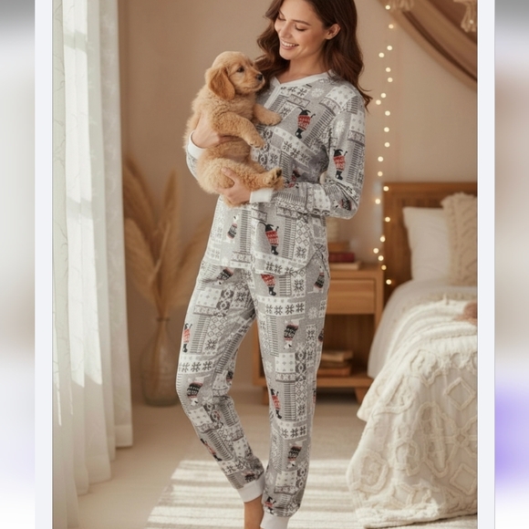 🐶Secret Treasures Cozy Womens Pajamas in Gray and Red With Dogs - Picture 1 of 8